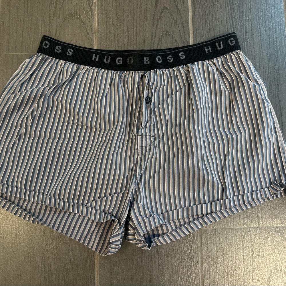 Hugo Boss Men's Blue Striped Boxers with Logo Waistband